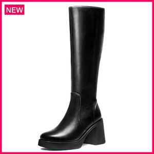 Knee High Platform Boots Wide Calf Square Toe Chunky Heel